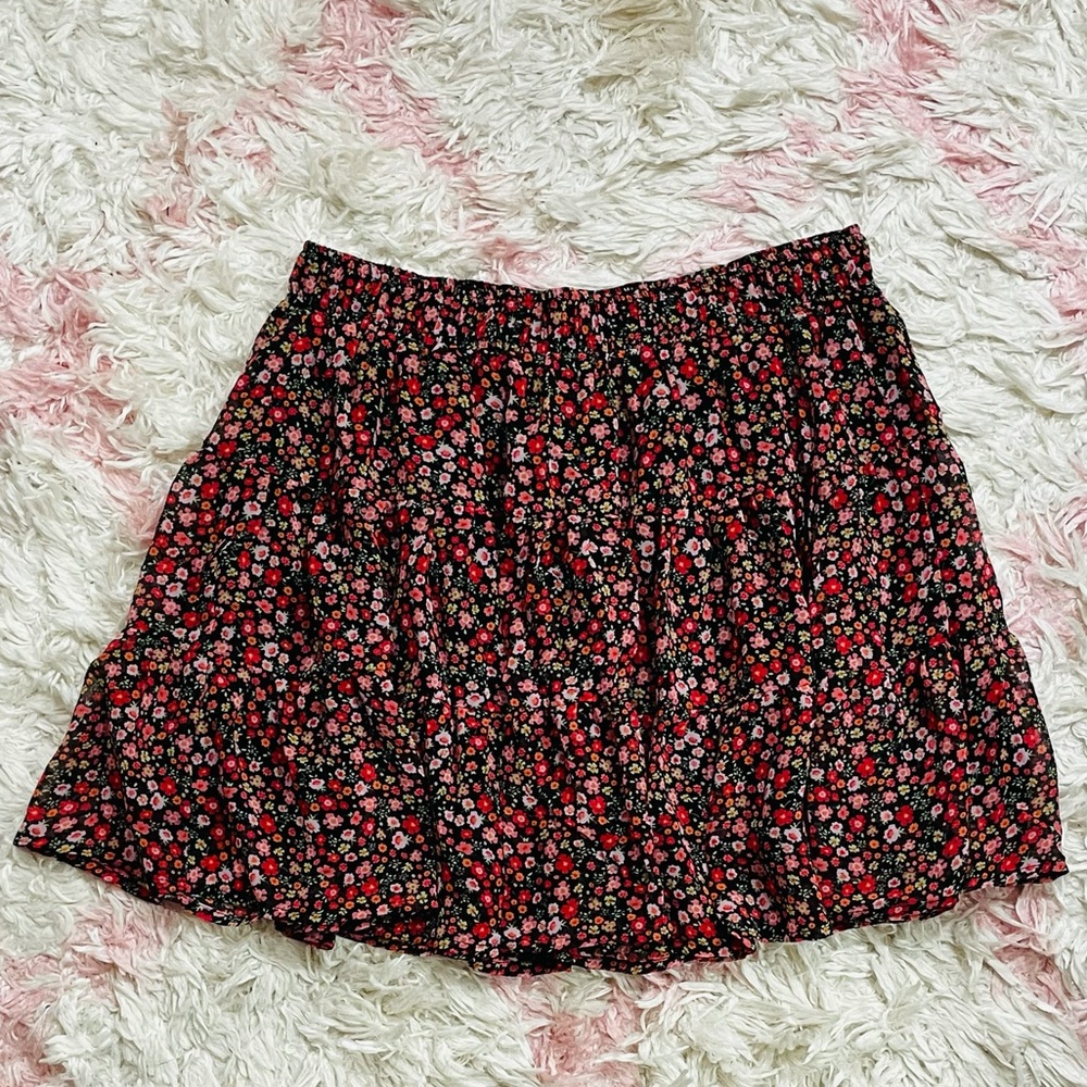 Black, red, and pink floral design skirt